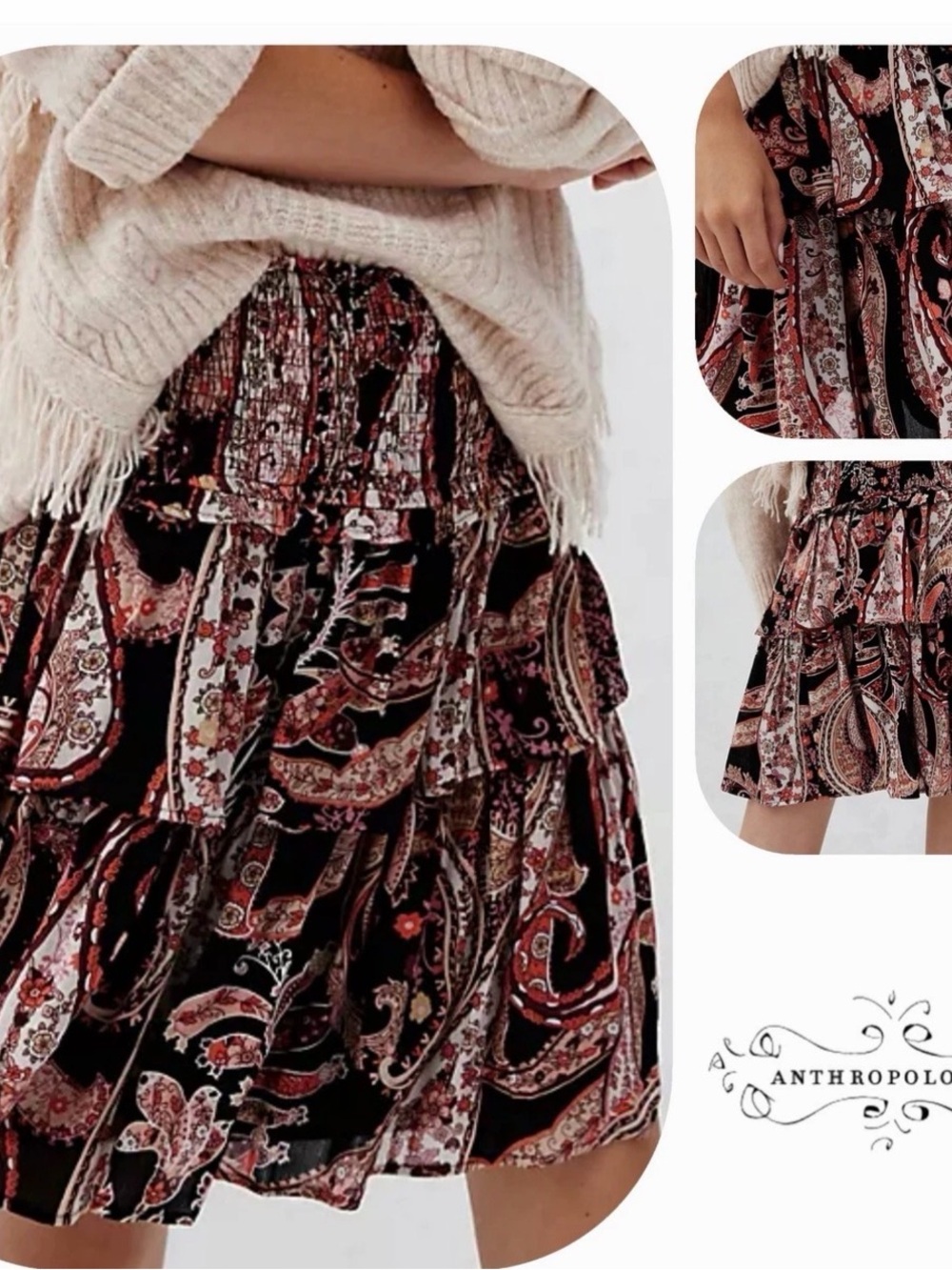 Anthropologie Smocked Mini Skirt Small Paisley Boho Ruffle NWT